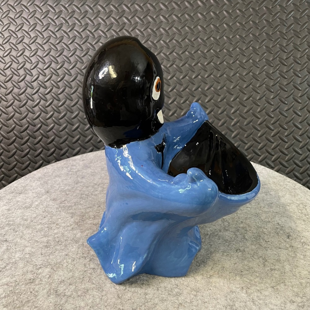 Vintage Handmade Ceramic Ghost Candy Bowl Blue Black "D" Halloween Decor 10" - Picture 4 of 5